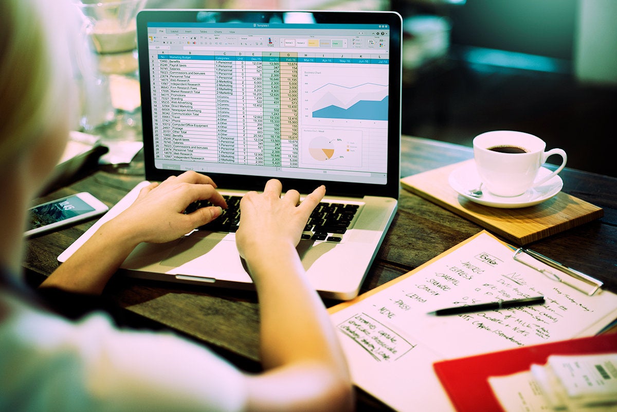 a woman uses a spreadsheet program on a laptop